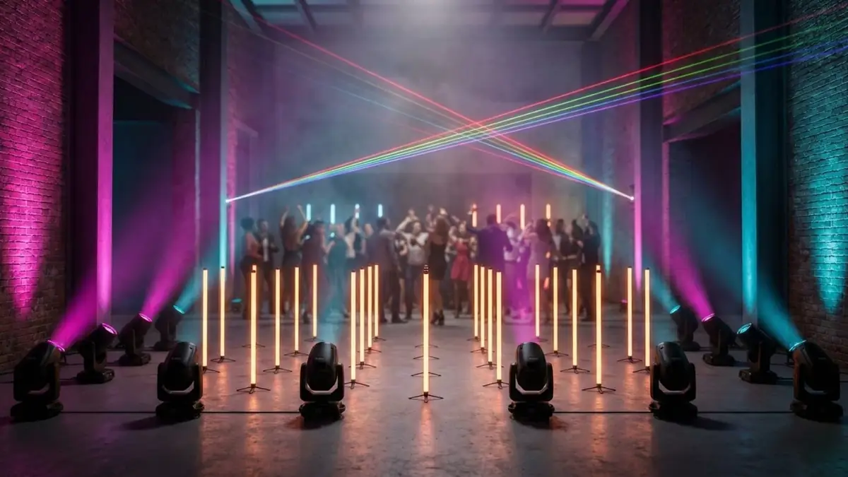 Tanzende Menschen zwischen bunten LED-Tubes, Moving Heads und Laserstrahlen