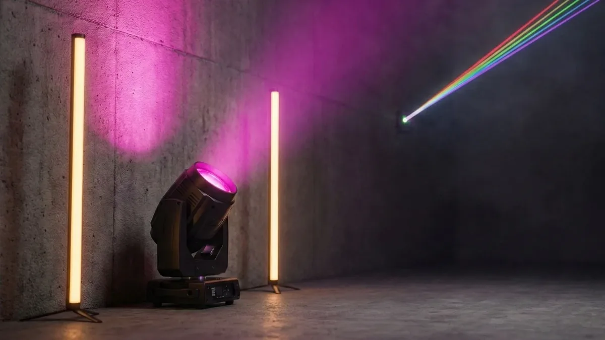 Moving Head mit pinkem Lichtkegel zwischen zwei warmweiß leuchtenden LED-Tubes