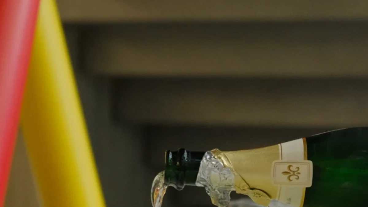Sektflasche wird über Reihen gefüllter Gläser geneigt, im Hintergrund eine breite Treppe