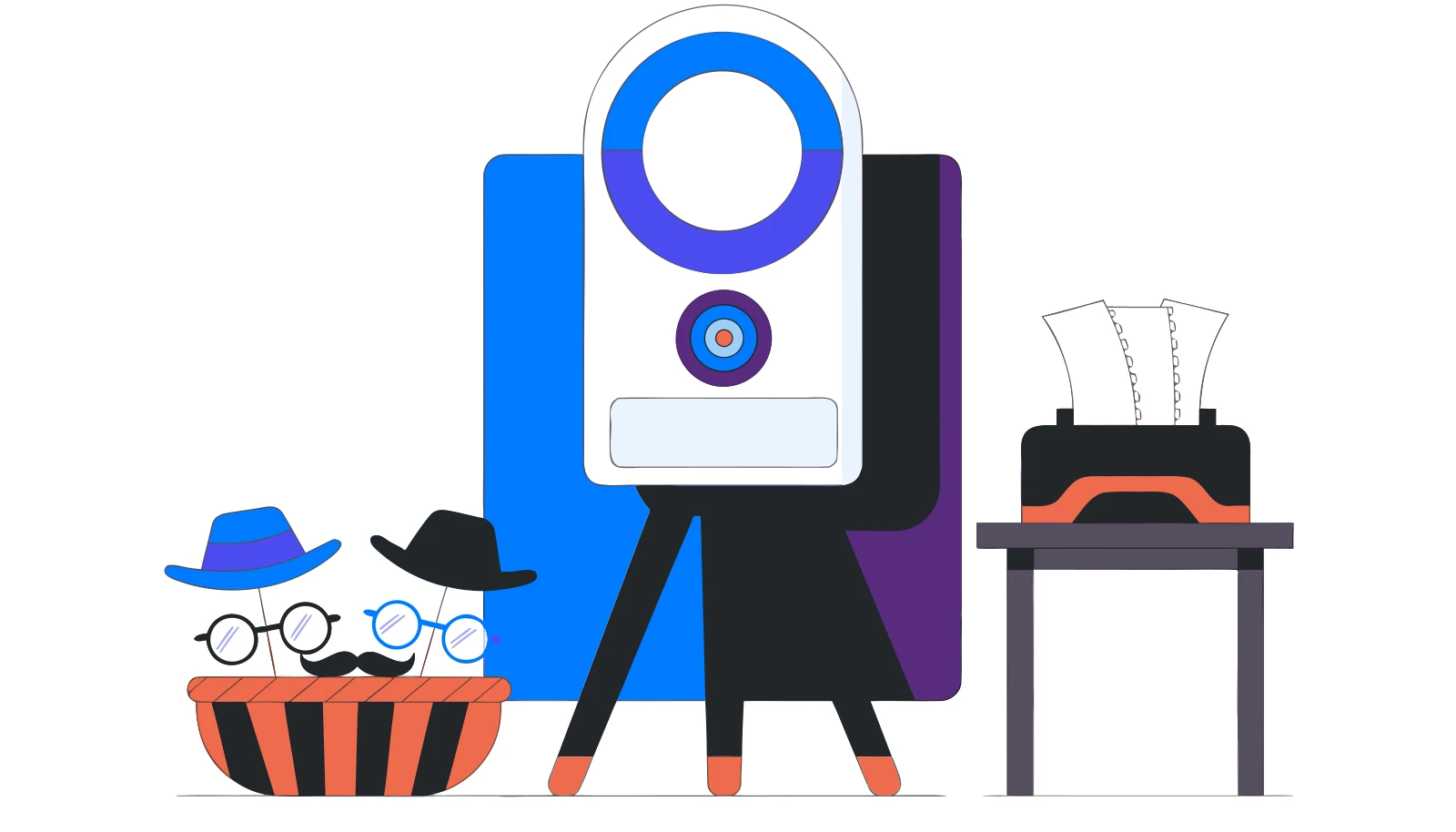 Fotobox-Setup mit Säule, Ringlicht, Drucker und Requisiten als Illustration