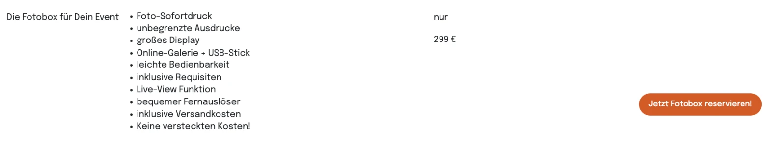 Screenshot der foboxy Startseite: die Leistungen der Fotobox mit dem Festpreis von 299 Euro und dem Hinweis keine versteckten Kosten