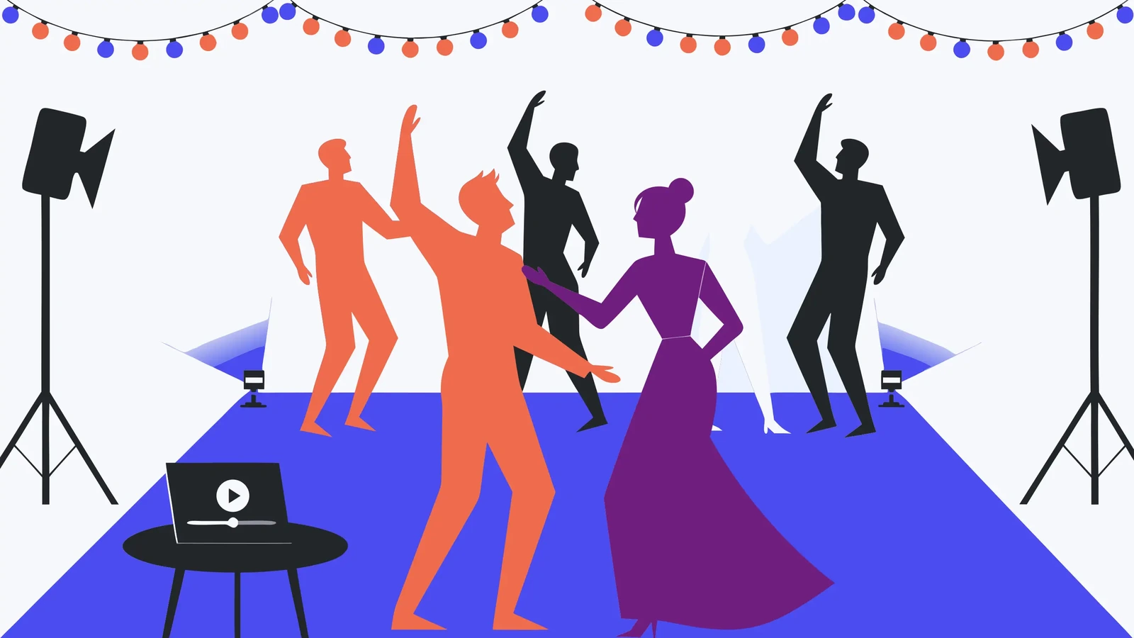 Hochzeit ohne DJ: Tanzfläche mit Lautsprechern, Lichteffekten und einem Tablet mit Playlist