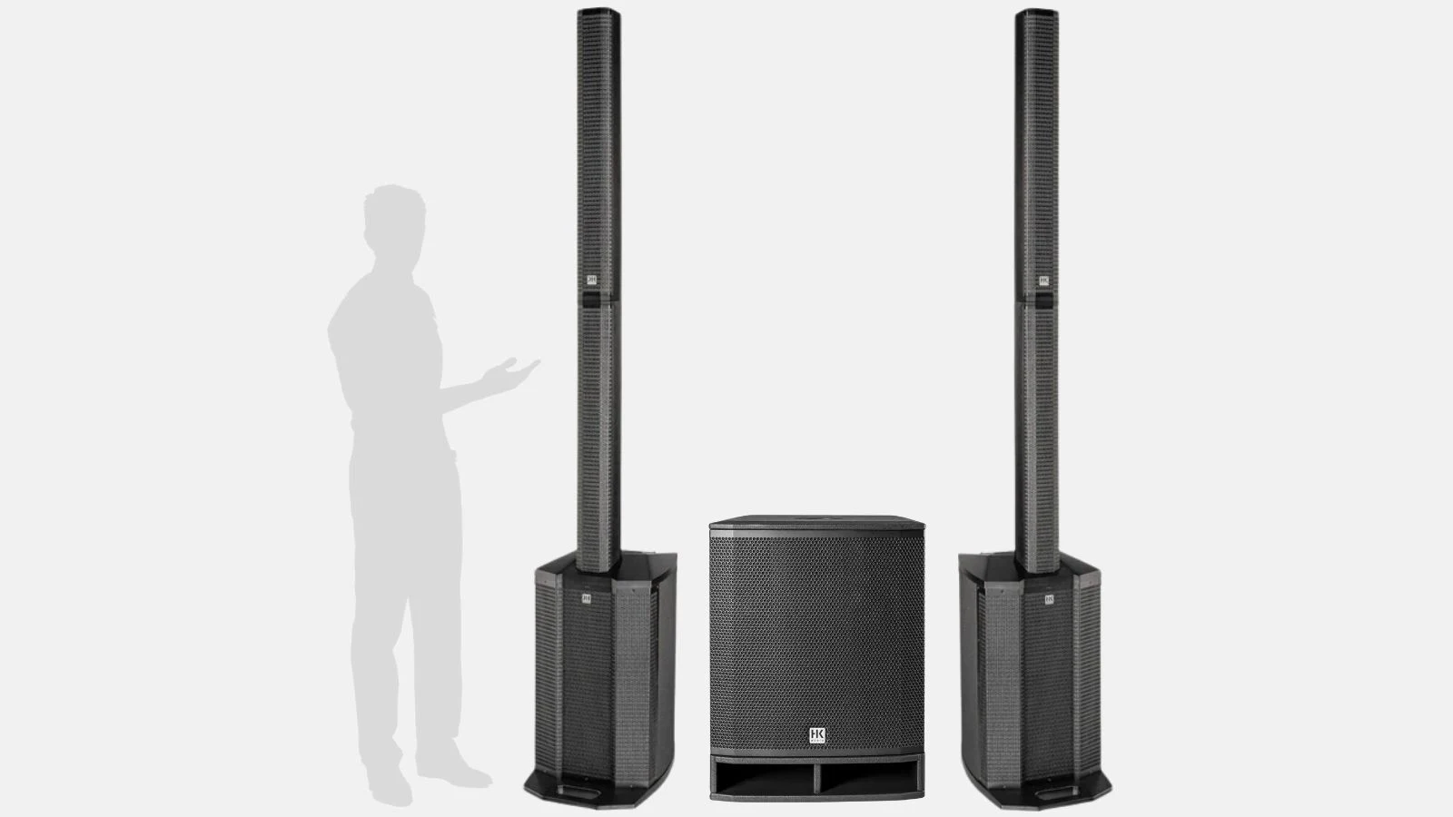 Soundpaket Large mit zwei HK Audio Polar 12 Säulenlautsprechern und aktivem Subwoofer im Größenvergleich.