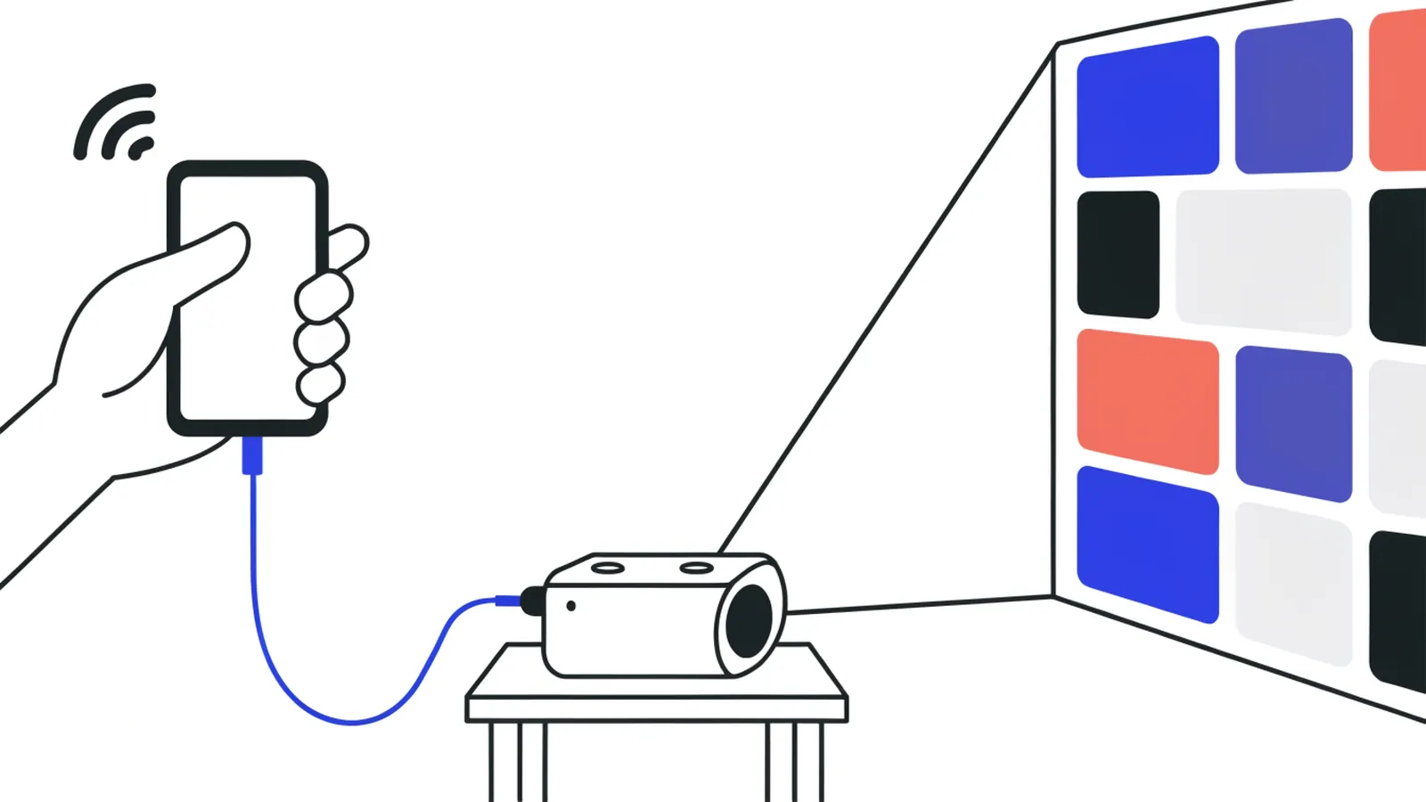 Beamer mit Handy verbinden: Smartphone per Kabel am Beamer, Bild auf der Leinwand