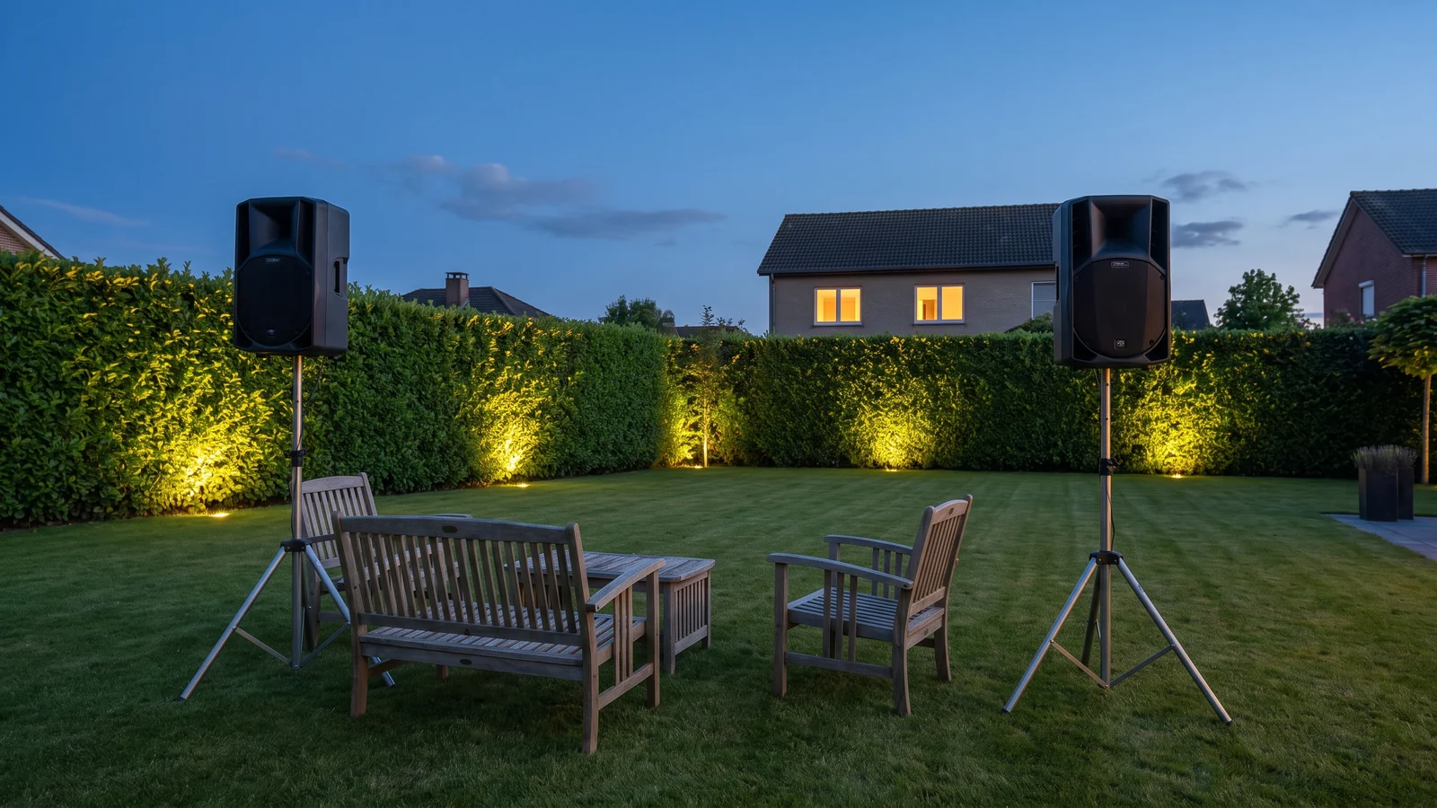 Garten am Abend mit zwei gerichteten Lautsprechern auf Stativen, im Hintergrund ein Nachbarhaus mit beleuchteten Fenstern.