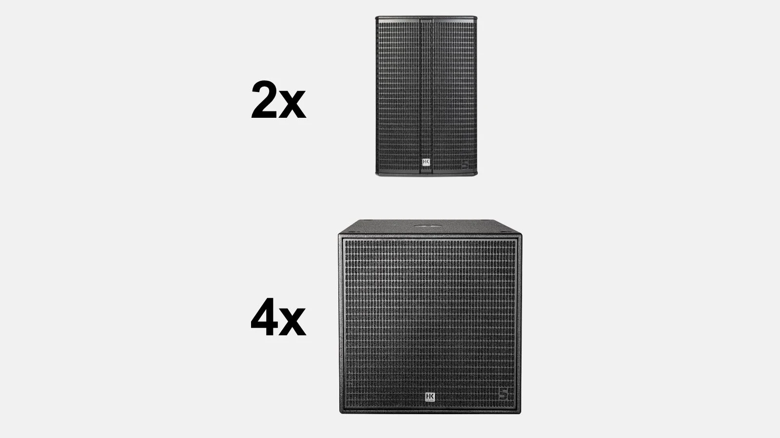 Paketinhalt vom PA Anlage Power Paket: zwei 15-Zoll-Fullrange-Lautsprecher und vier 18-Zoll-Subwoofer.