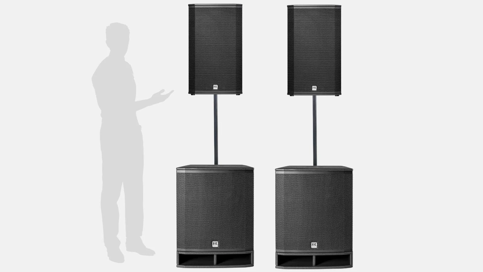 PA Anlage 15 Zoll von HK Audio mit zwei Lunar 112 XA Topteilen auf Distanzstangen über zwei Portable Sub 115 A im Größenvergleich.
