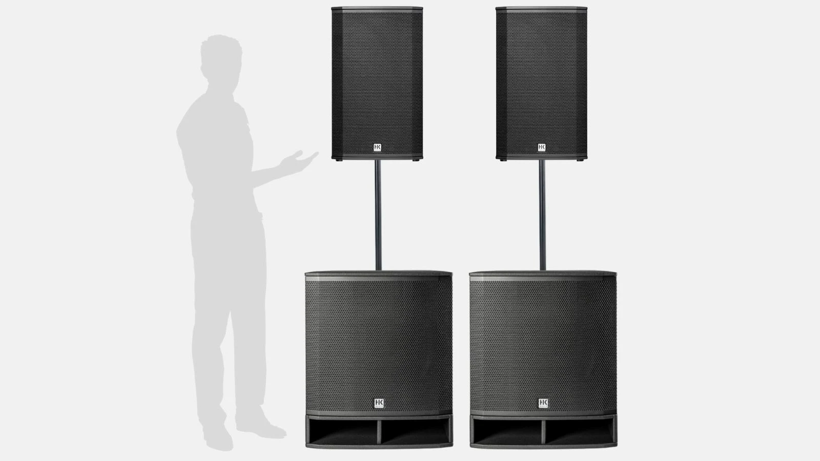 PA Anlage 18 Zoll von HK Audio mit zwei Lunar 112 XA Topteilen auf Distanzstangen über zwei Portable Sub 118 A im Größenvergleich.