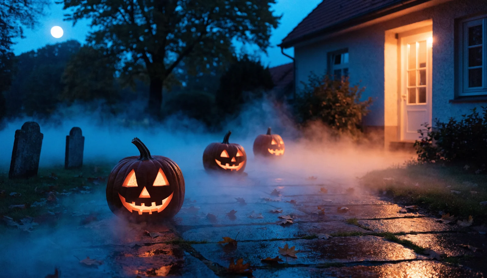Halloween-Vorgarten bei Nacht mit Bodennebel aus der Nebelmaschine, leuchtenden Kürbissen und Grabsteinen