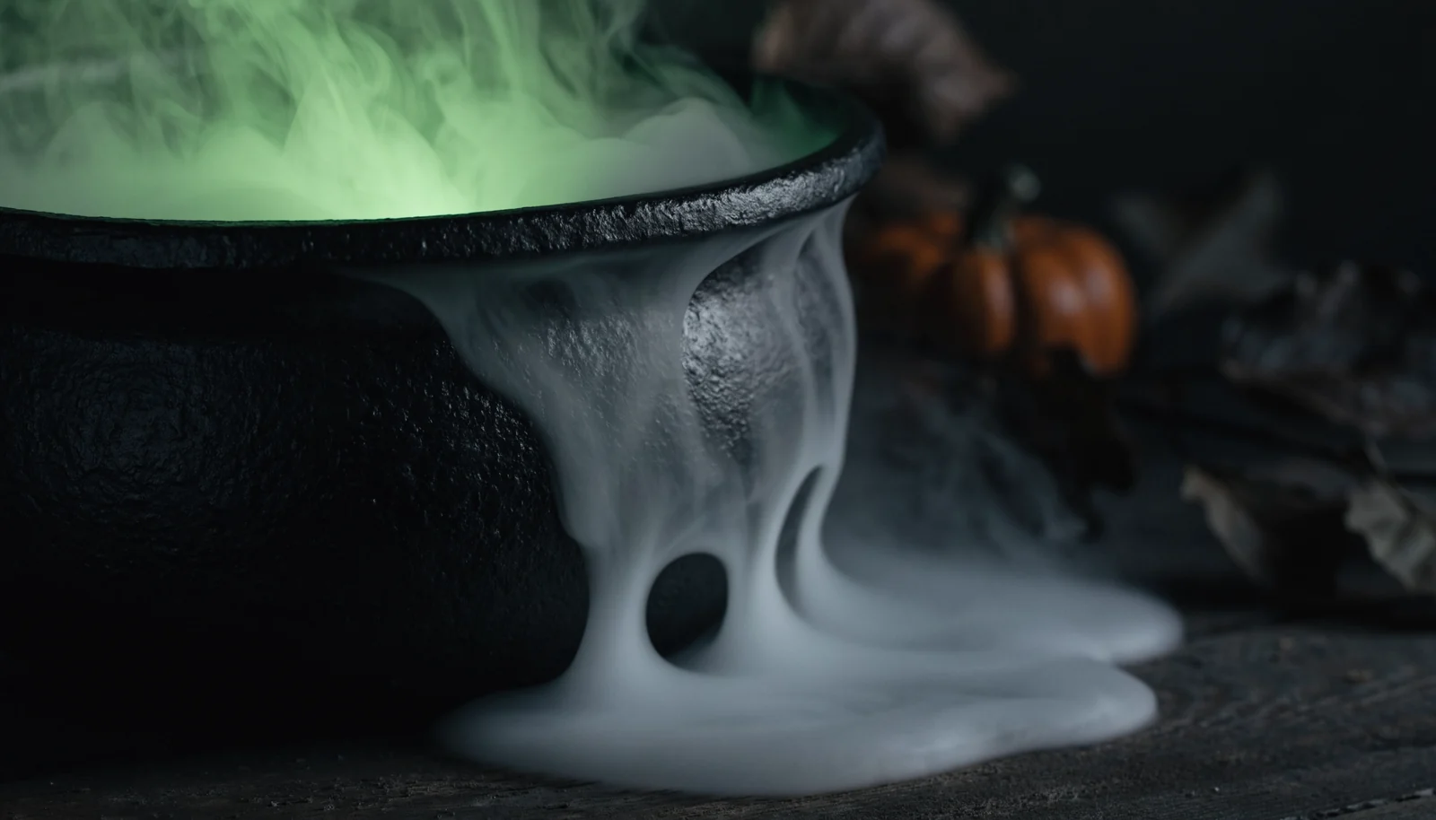 Hexenkessel mit Nebel, der über den Rand auf den Tisch fließt, von innen grün beleuchtet