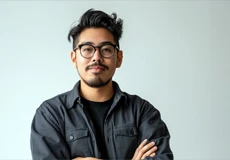 Young man with glasses and mustache wearing a black shirt and jacket, standing with arms crossed against a plain light background.