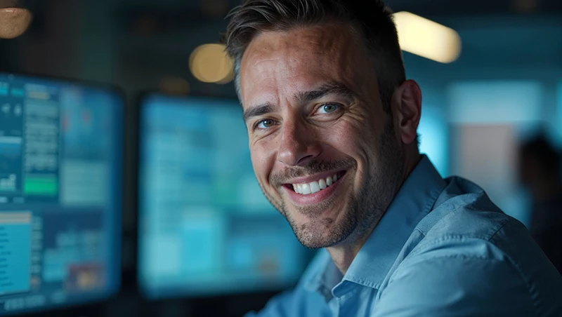 Smiling man with blue eyes sitting in front of multiple computer screens in a dimly lit office.