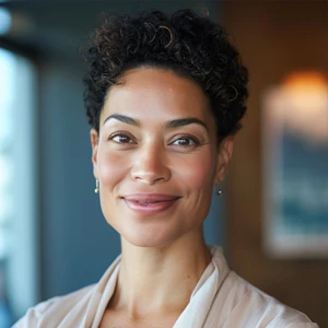 Smiling woman with short curly hair wearing small earrings and a light blouse in a softly lit indoor setting.