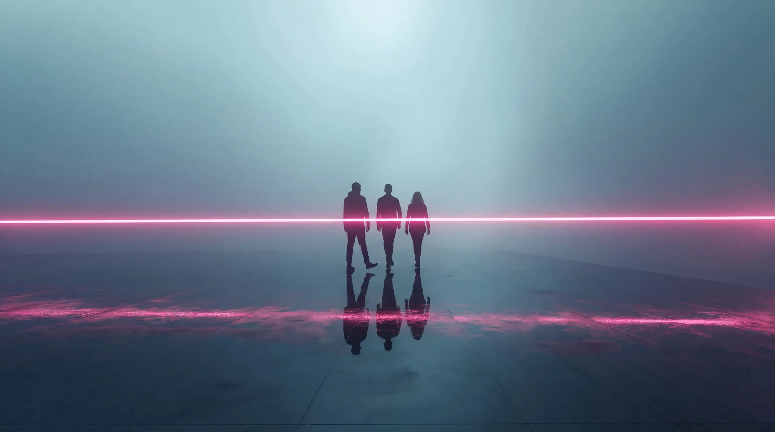 Three silhouetted people walking on a reflective surface with a horizontal pink neon light across the middle.