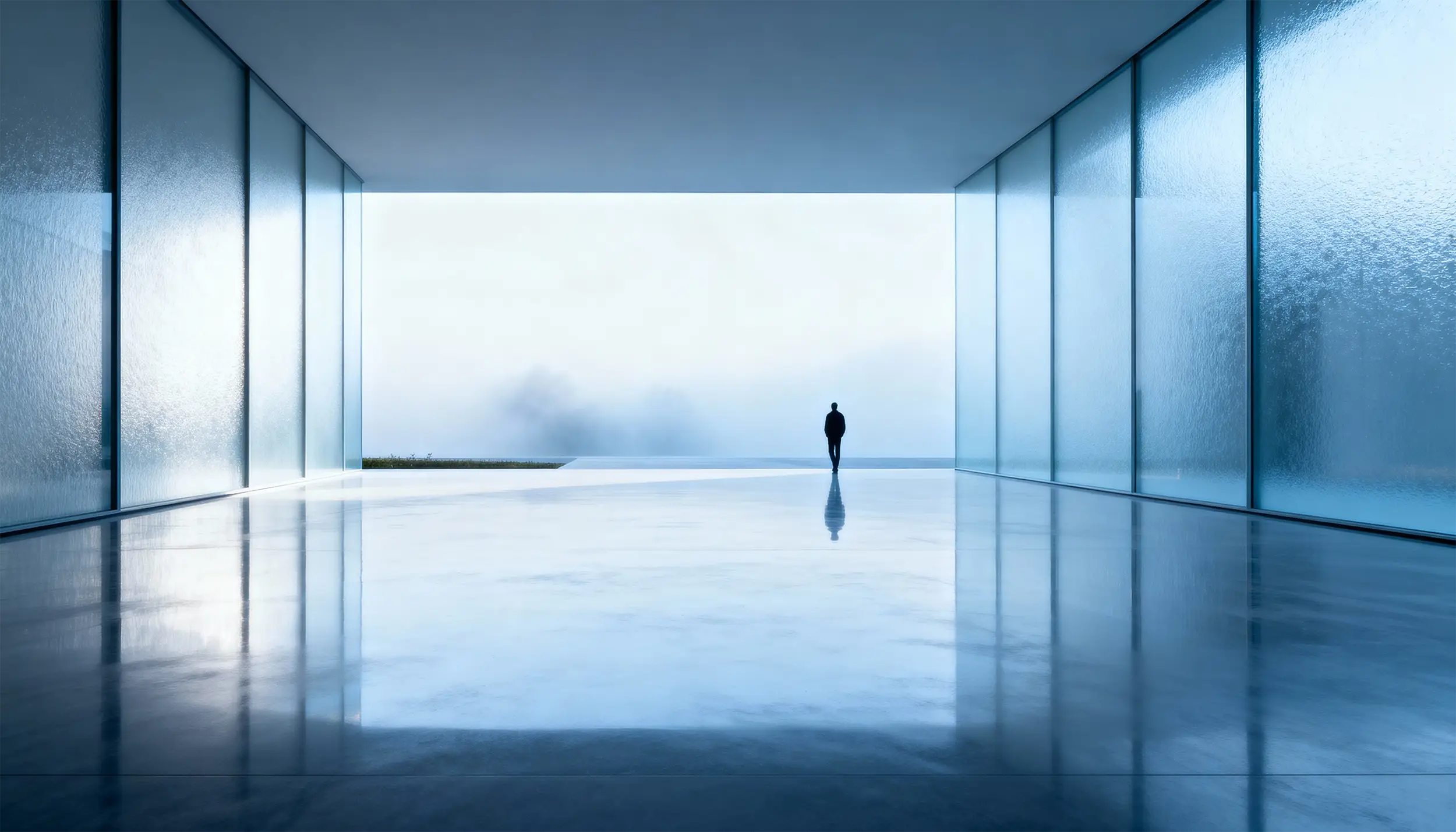 Silhouette of a person walking in a spacious modern corridor with reflective floor and frosted glass walls.