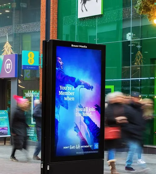High street digital screen featuring blue and purple colours outside of Lloyds bank
