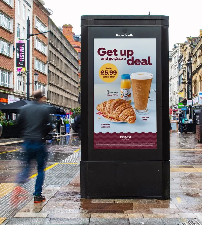 A Costa advertisement promoting their "Get up and go grab a deal" offering