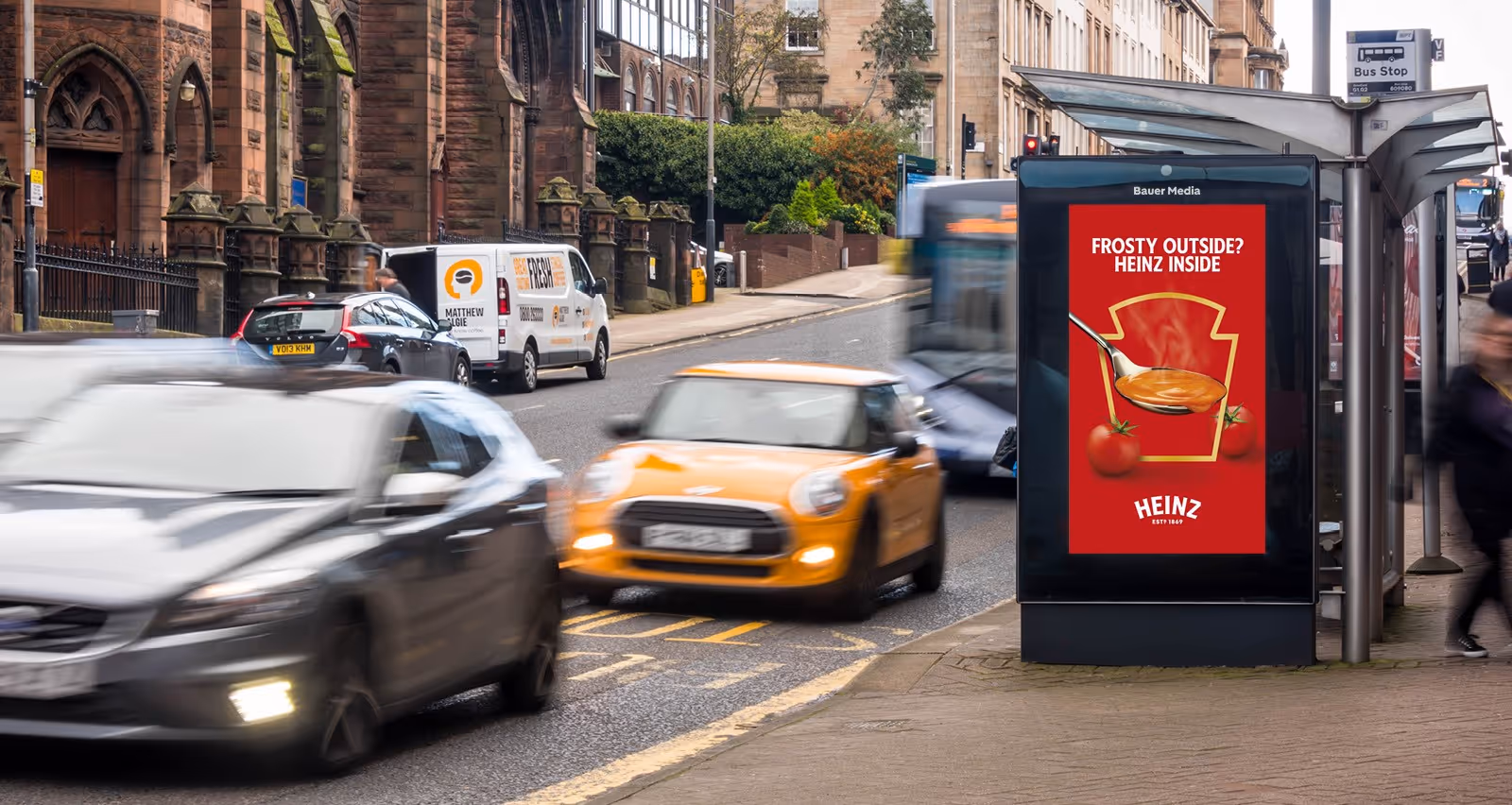 Heinz soup advertisement on a bus shelter advertisement