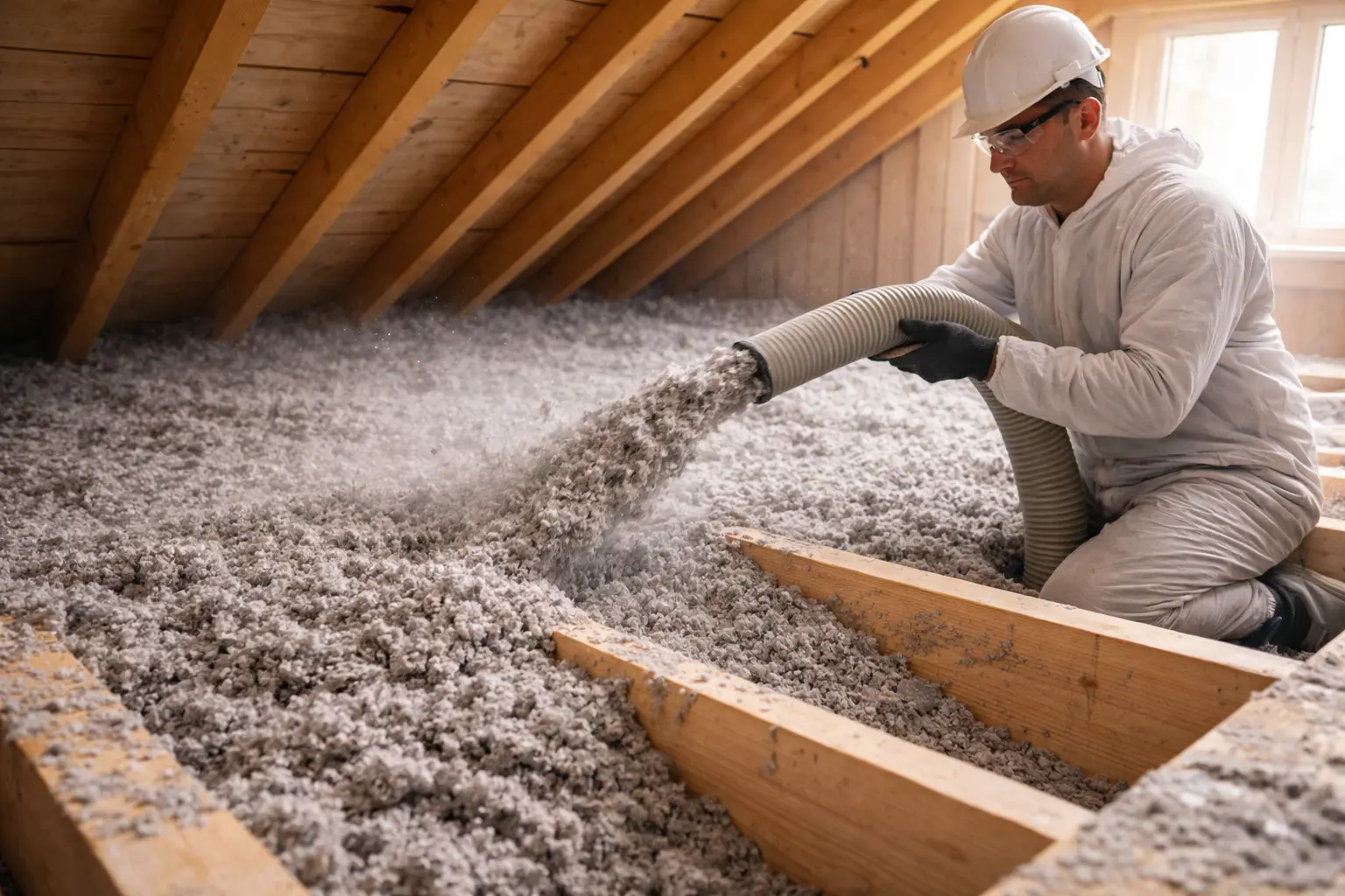 Foukání celulózové izolace do stropu podkroví pomocí hadice