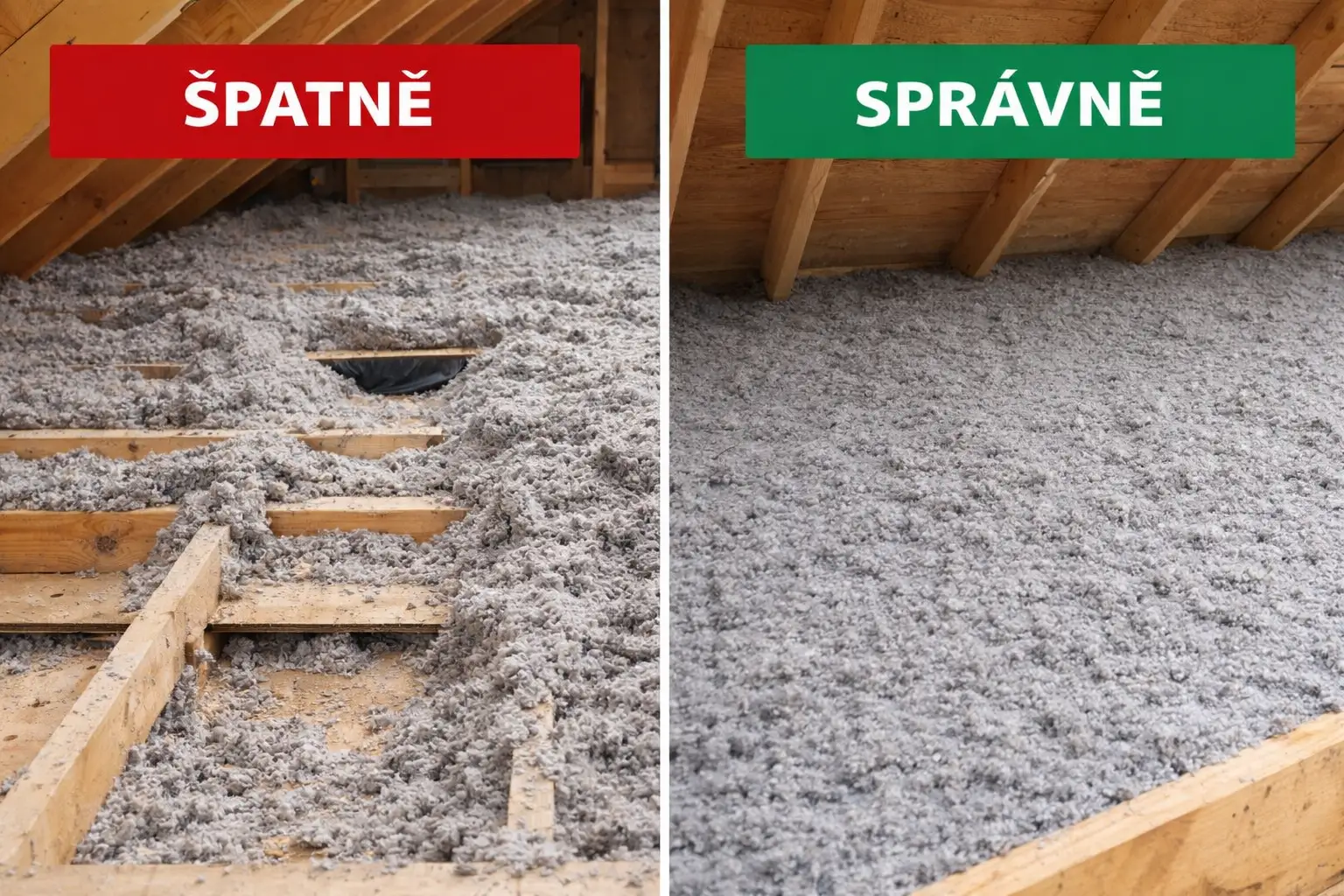 Porovnání špatné a správné aplikace foukané izolace v podkroví