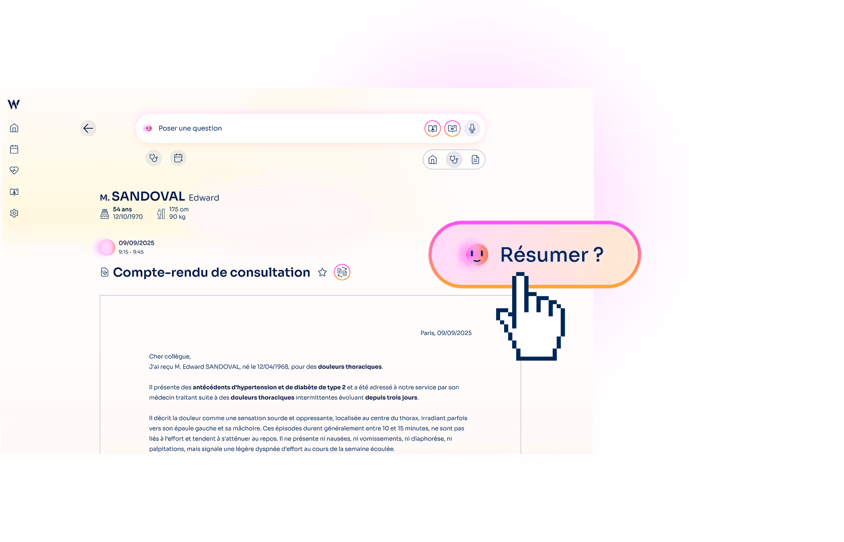 Medical consultation summary screen for Edward Sandoval with a highlighted 'Résumé?' button and a pixelated hand cursor pointing at it.