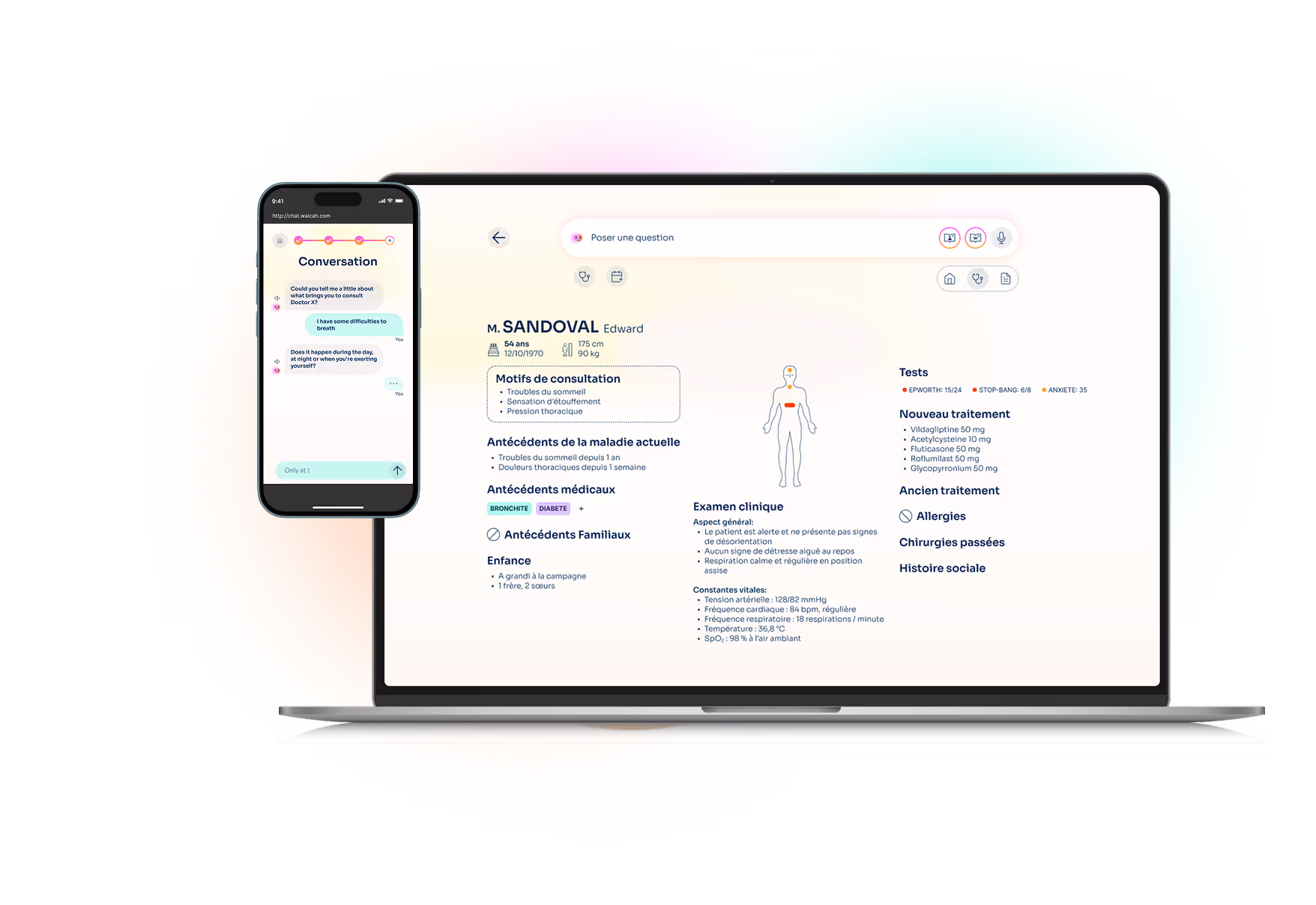 Laptop and smartphone displaying a medical consultation interface with patient data, symptoms, tests, and chat conversation.