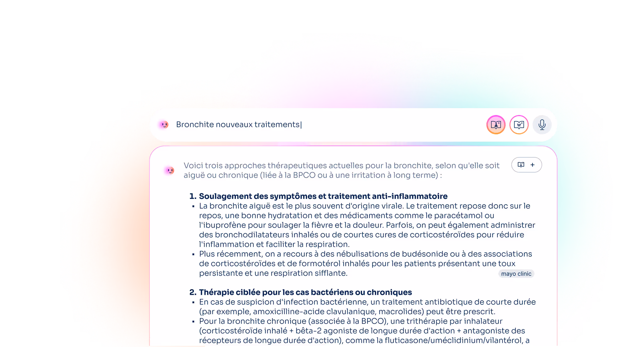 Search interface displaying French text about new bronchitis treatments, including anti-inflammatory symptom relief and targeted therapy for bacterial or chronic cases.