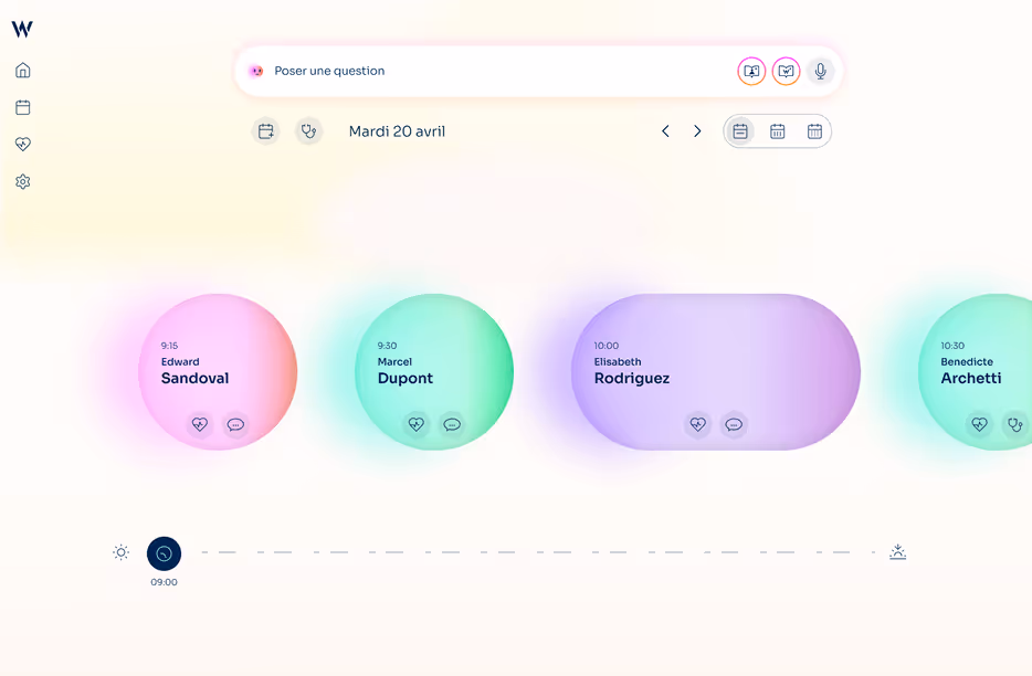 User interface showing a schedule for April 20 with colorful rounded appointment bubbles for Edward Sandoval at 9:15, Marcel Dupont at 9:30, Elisabeth Rodriguez at 10:00, and Benedicte Archetti at 10:30, along with icons for heart and chat below each name.