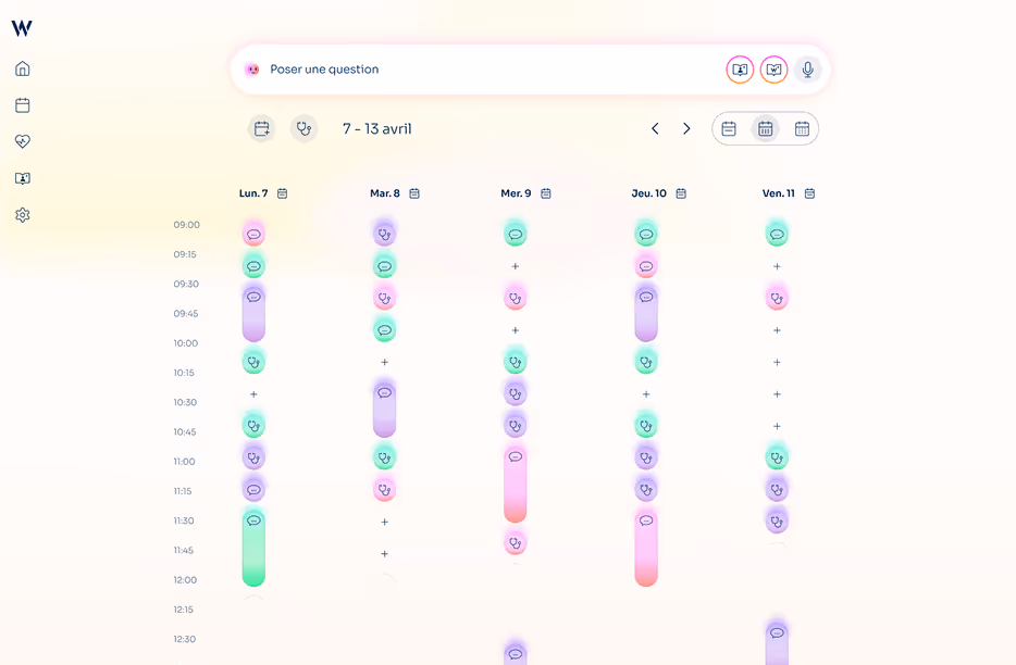 Weekly calendar interface showing appointments and chat icons from April 7 to April 11, with time slots from 09:00 to 12:30 and navigation and search options in French.