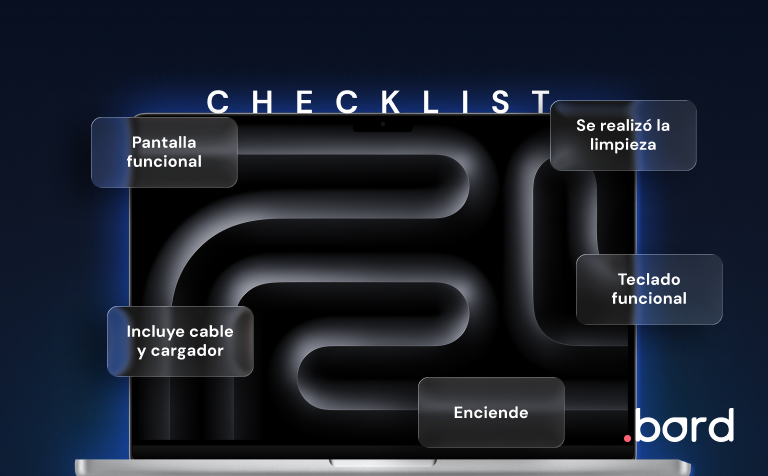 Checklist sobre una laptop: pantalla funcional, limpieza hecha, teclado funcional, cable y cargador incluidos, enciende