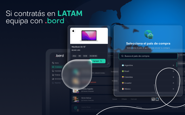MacBook Air 13 card (M3, 16 GB) and a purchase country picker; text: if you hire in LATAM, equip with .bord