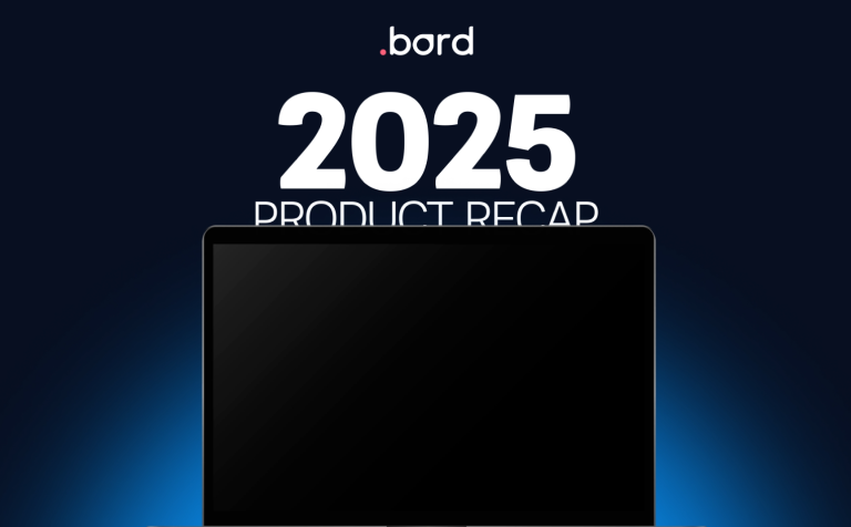 “2025 Product Recap” title above a laptop with a blank screen. .bord logo