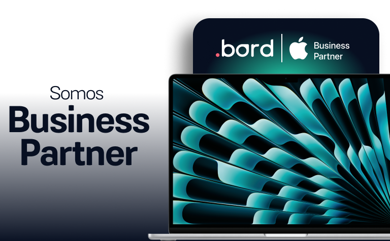 MacBook Air con el texto «Somos Business Partner» y los logos de Bord y Apple Business Partner