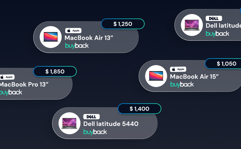 Buyback cards with values for MacBook Air 13 and 15, MacBook Pro 13 and Dell Latitude 5440
