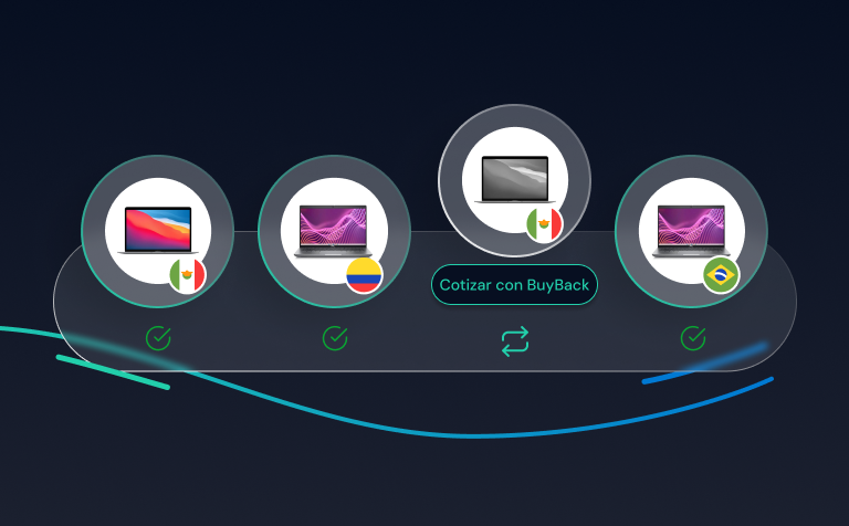 Laptops flagged Mexico, Colombia and Brazil marked done, and one in progress with a Quote with BuyBack button