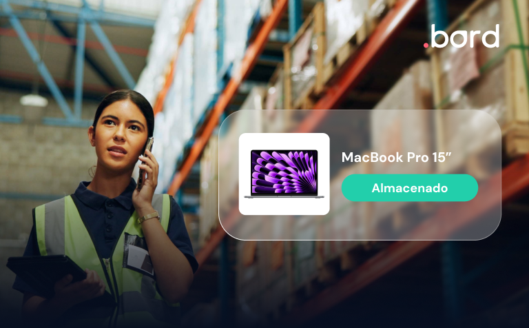 Warehouse worker in a safety vest on the phone; MacBook Pro 15 card with status: stored. .bord logo