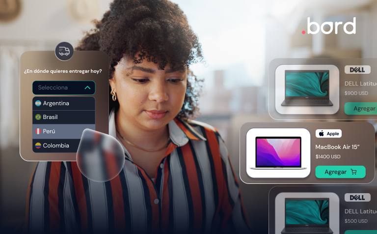 Woman looking at her laptop among priced Dell Latitude and MacBook Air cards and a delivery country picker. .bord logo