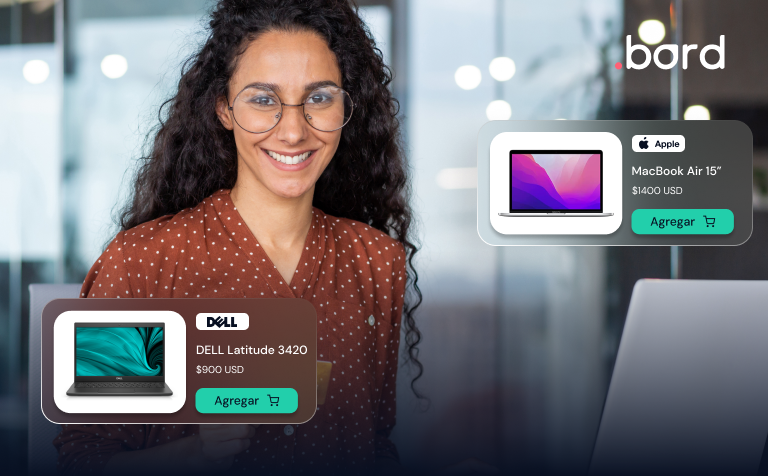 Smiling woman in glasses beside Dell Latitude 3420 and MacBook Air 15 cards with Add buttons. .bord logo