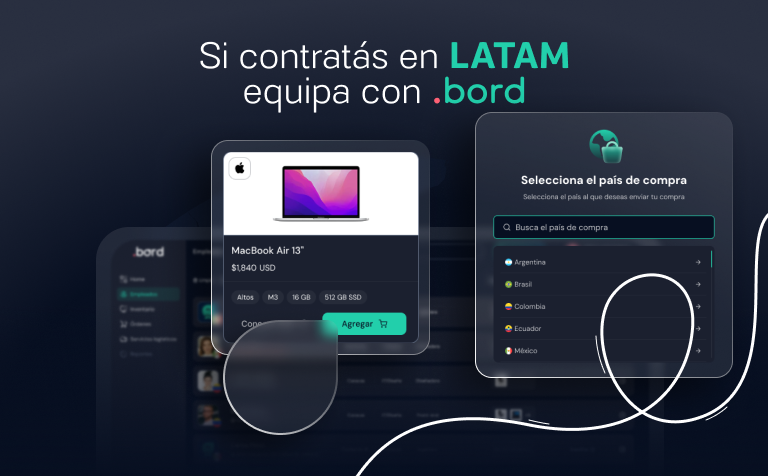 MacBook Air 13 card and purchase country picker over the .bord dashboard; text: if you hire in LATAM, equip with .bord