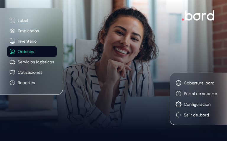 Smiling woman at her desk beside the .bord menu: employees, inventory, orders, logistics services and quotes