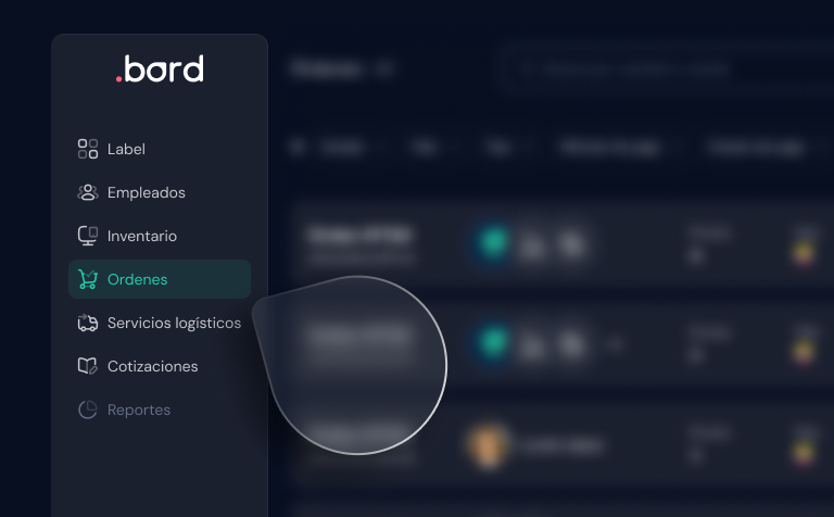 .bord sidebar menu with Orders selected over a blurred list of orders