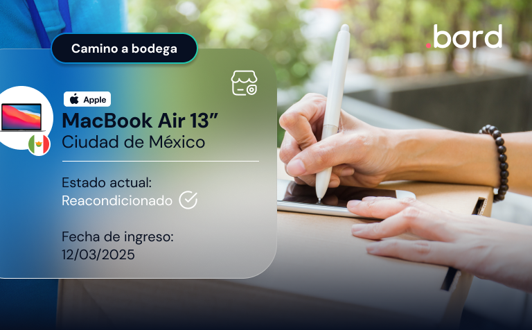Person signing on a tablet; card for a refurbished MacBook Air 13 from Mexico City on its way to the warehouse