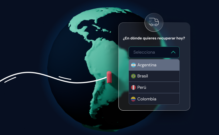 Globe centered on South America with a picker asking where to recover today: Argentina, Brazil, Peru and Colombia