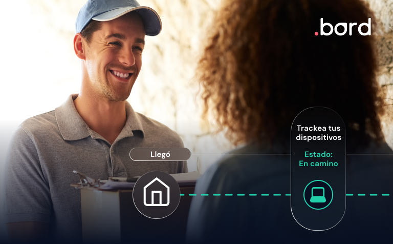 Smiling courier holding a box; tracking line: track your devices, status on the way. .bord logo