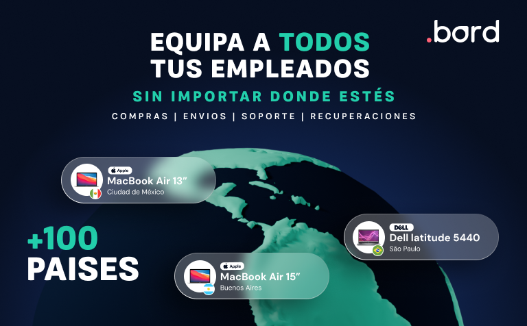 Globe with laptops in Mexico City, Buenos Aires and São Paulo; text: equip all your employees wherever you are