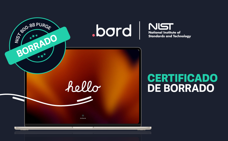 Laptop on the hello setup screen with a NIST 800-88 Purge stamp and the text: erasure certificate