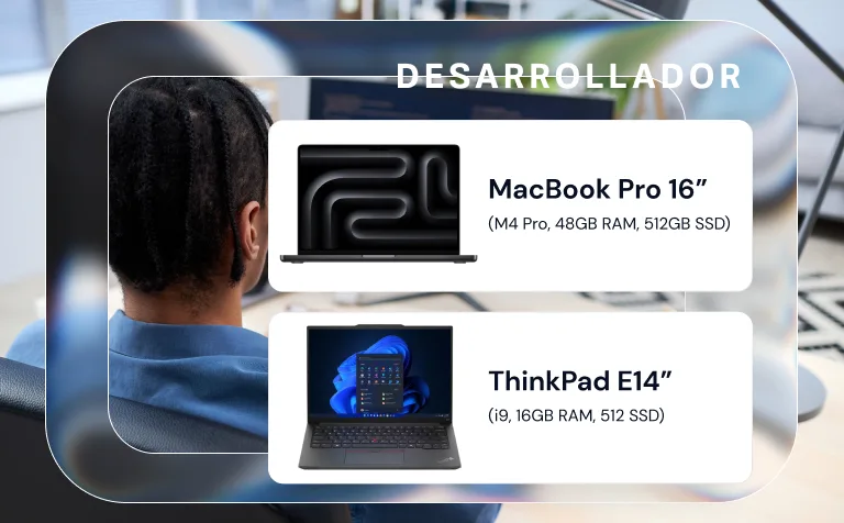 Developer profile: MacBook Pro 16 (M4 Pro, 48 GB RAM) and ThinkPad E14 (i9, 16 GB RAM), with a person seen from behind
