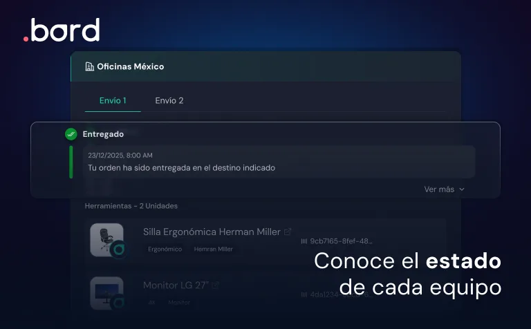Panel de .bord con un envío a «Oficinas México» entregado y el texto «Conoce el estado de cada equipo»