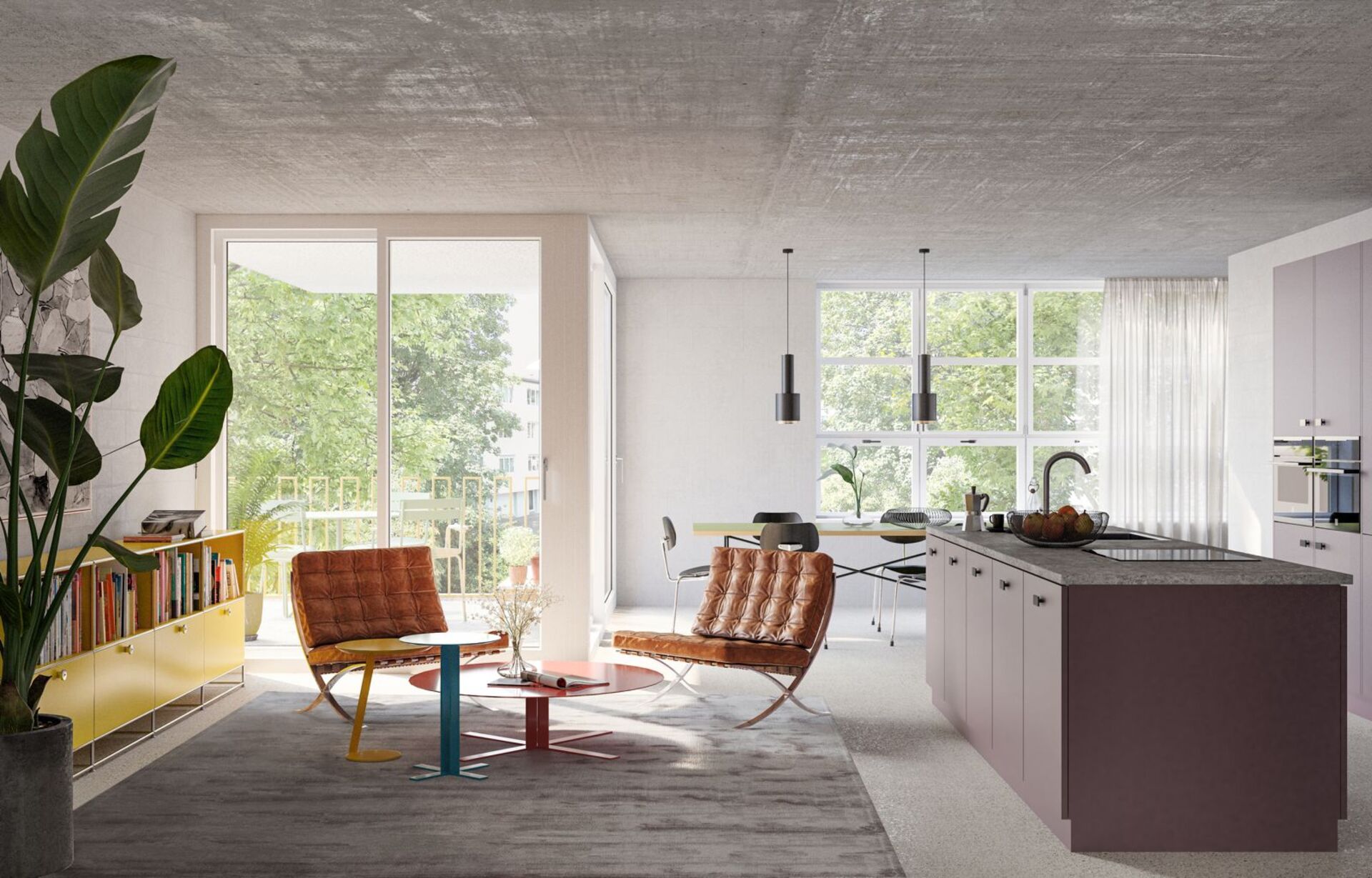 Modern open living space with brown leather chairs, colorful coffee tables, large yellow bookshelf, kitchen island, and dining area with large windows showing green trees outside.