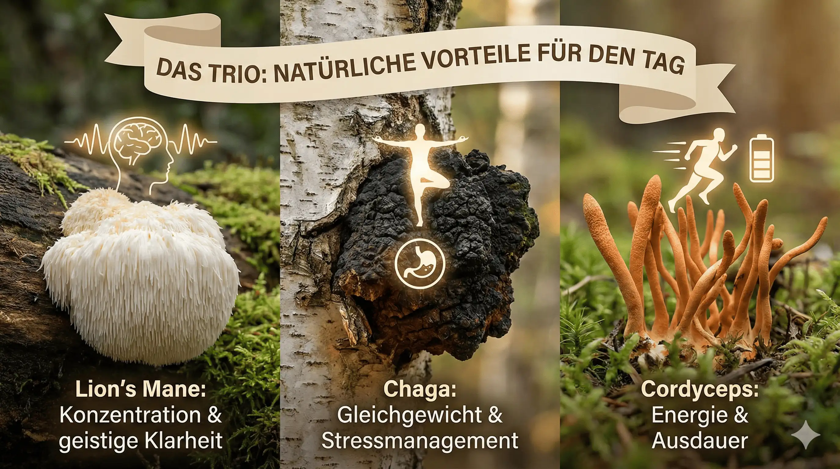 Die Wirkung der 3 Pilze in Bonjour Drink: Lion's Mane, Chaga und Cordyceps